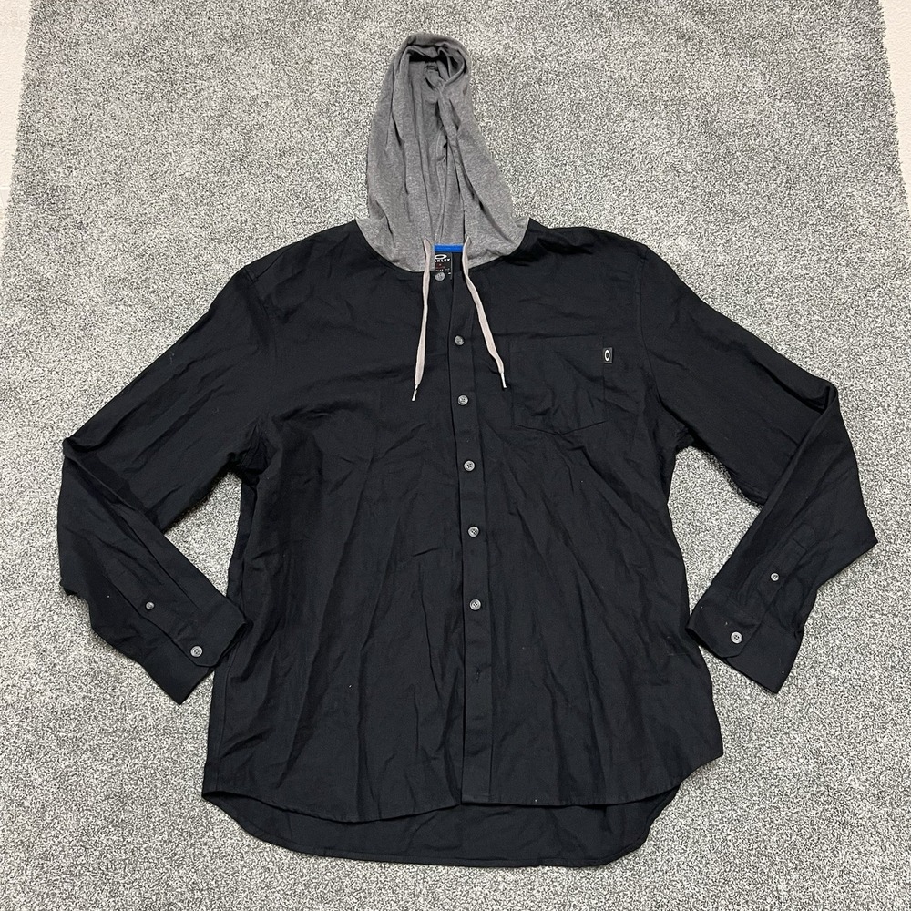 Oakley Mens XXL Hooded Button Front Shirt Black Long Sleeve Regular Fit Casual